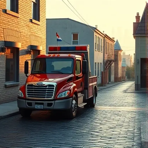 Эвакуатор на Амбулаторном переулке: Полное руководство A realistic tow truck parked on a narrow, cobblestone street named Ambulatory Lane, with a small, modern medical clinic building on one side and a quiet residential house on the other. The scene is set during late afternoon with soft, warm lighting, showing the tow truck's detailed exterior, a small flag on its roof, and a subtle reflection on the street's wet surface. The background includes faint city skyline silhouettes and a few distant trees, creating a calm, professional atmosphere.