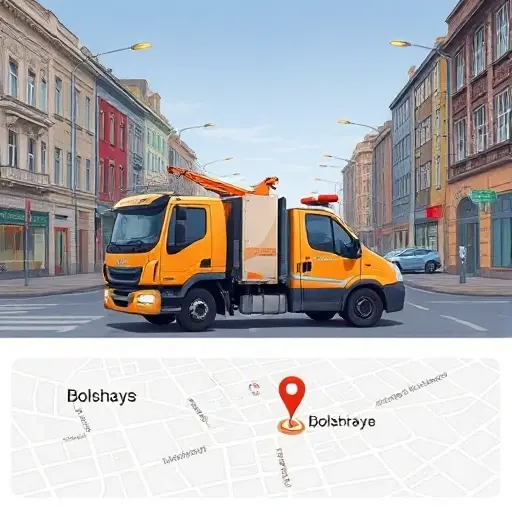 A realistic illustration of a tow truck parked on Bolshaya Oleney Street, with a damaged car in front. The scene shows the street environment, including buildings, streetlights, and a subtle map overlay indicating the precise location. No text or signage with numbers or letters should be visible.