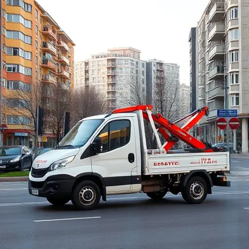 A realistic scene of a compact tow truck parked on a city street in Moscow's North-Western Administrative Okrug (SZAO), with recognizable Moscow architecture in the background, such as typical apartment blocks and street signs, under a clear sky. The tow truck should look affordable and professional, with a subtle hint of a friendly service atmosphere, but without any text or logos on the vehicle.