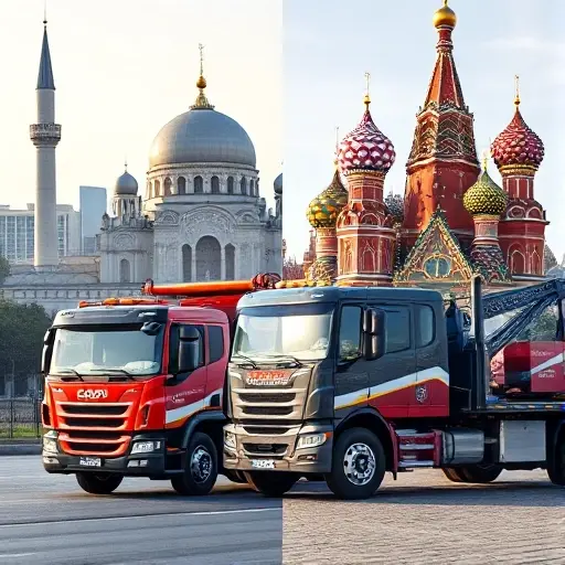 Эвакуатор в Грозном и Москве: Полное руководство A realistic tow truck parked in front of the Akhmad Kadyrov Mosque in Grozny, with the city skyline in the background, and a second tow truck parked in front of the Kremlin in Moscow, with the Red Square and St. Basil's Cathedral in the background. The image should be split into two halves, each showing the tow truck in its respective city, with clear contrast between the architectural styles and color palettes of Grozny and Moscow. The scene should be daytime, with clear skies, and the tow trucks should be modern, with reflective surfaces and subtle branding. No text or lettering should appear in the image.