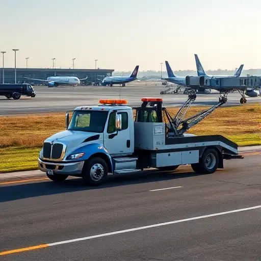 Эвакуатор в районе аэропорта: Полное руководство A modern tow truck parked on a paved road near an airport terminal, with aircraft silhouettes on the runway in the background, clear sky, realistic lighting, no text or signage