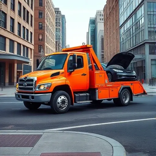 нужен эвакуатор A realistic scene of a tow truck on a city street, gently lifting a broken down car onto its flatbed. The tow truck is bright orange with flashing lights, the car is a small sedan with its hood open. The background shows urban buildings, a sidewalk, and a clear sky. The focus is on the tow truck and the vehicle being rescued, with no people, no text, and no visible brand logos.