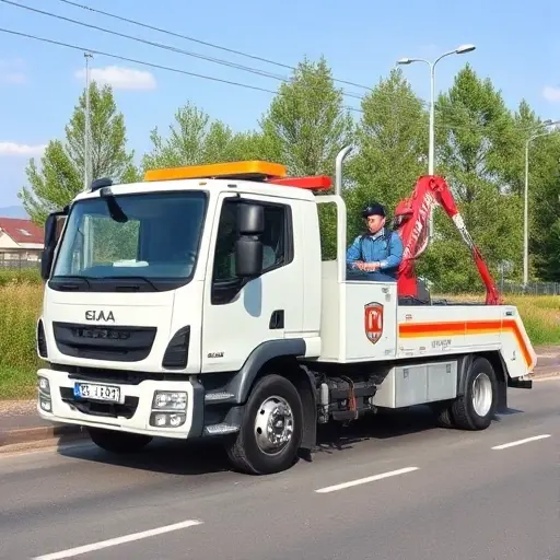 A modern tow truck parked on a quiet road in Aleksandrov, with a clear view of its towing equipment and a professional driver in uniform, all rendered in a clean, realistic style without any text or lettering visible