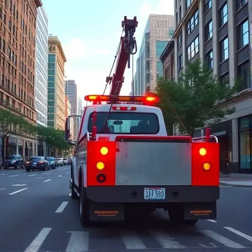 A realistic scene of a tow truck parked on a city street, with surrounding urban buildings, trees, and road details, showing the tow truck's hook and lights under a clear sky, without any visible text, letters, or numbers.