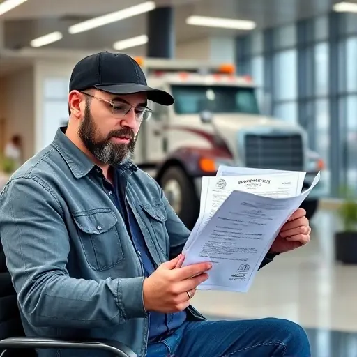 A tow truck owner in a modern office setting, reviewing business registration paperwork and holding a license certificate, with a tow truck visible in the background, all depicted realistically without any text or lettering