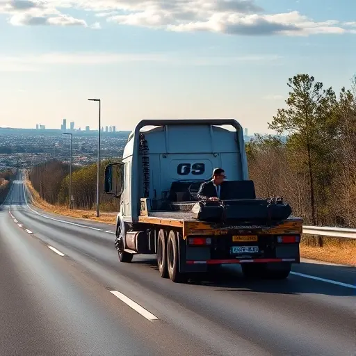 Эвакуатор Москва – Иваново: Полное руководство по заказу и ценам A tow truck on a scenic highway between Moscow and Ivanovo, with a clear view of the road, trees, and distant city skyline, no text or lettering