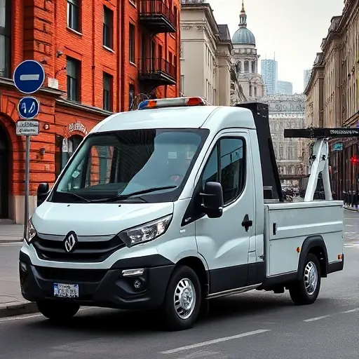 A compact, modern passenger car tow truck parked on a Moscow street, with recognizable city elements such as red brick buildings, street signs, and a hint of the Moscow skyline in the background. The scene is realistic and detailed, focusing on the tow truck and urban environment without any textual overlays or price tags.