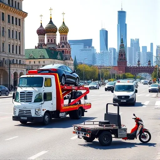A realistic city scene of Moscow showing several types of tow trucks in action: a flatbed tow truck loading a sedan, a wheel‑lift tow truck pulling a small car, and a compact tow truck assisting a motorcycle. The background features recognizable Moscow architecture such as the Kremlin towers and a modern high‑rise skyline, with streets, traffic lights, and a few parked cars. The atmosphere is bright daylight, with clear sky and subtle shadows, emphasizing the variety of tow trucks without any text, logos, or signage.