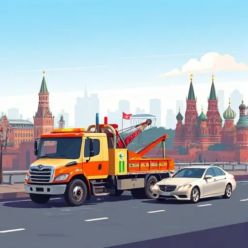 Вызвать эвакуатор в Москве круглосуточно недорого: Полный план статьи A realistic illustration of a tow truck operating in Moscow, with the city's skyline and recognizable landmarks such as the Kremlin silhouette in the background, under a clear sky. The tow truck is assisting a stranded car, conveying reliable 24/7 service, with no text or signage in the scene.