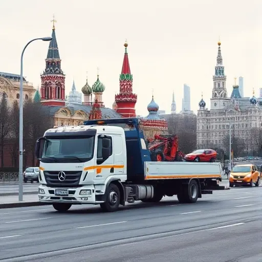 A tow truck parked on a Moscow street with a visible distance meter indicating kilometers, set against a subtle cityscape backdrop featuring iconic Moscow architecture. The scene should emphasize the tow truck and the distance measurement without any text, numbers, or additional vehicles.