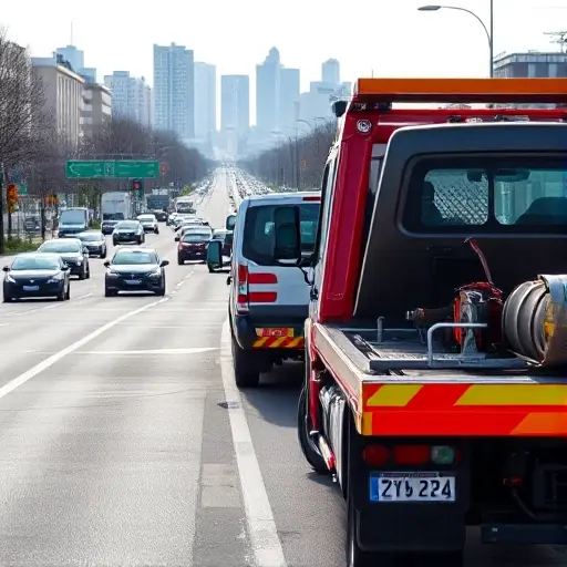 A modern tow truck parked on a busy Moscow street in Khimki, with a car being towed by a hydraulic winch. The scene shows a clear view of the city skyline, traffic, and the tow truck's equipment. The image should capture the professionalism and readiness of the tow service, with a focus on the truck's bright paint, visible towing hook, and the towed vehicle. No text or signage should be present.
