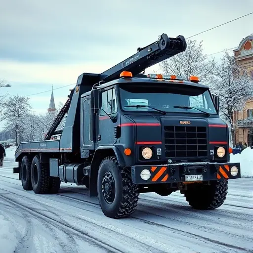 A robust cargo tow truck, large and powerful, parked on a snowy street in Irkutsk, with the city’s distinctive Siberian architecture and snow-covered trees in the background. The scene captures the cold atmosphere, with subtle winter lighting and a clear sky, focusing on the vehicle and its surroundings without any text or signage.