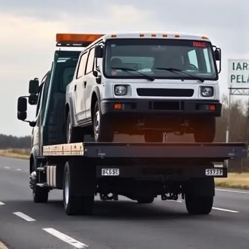 A tow truck pulling a GAZelle Next vehicle on a road, with a clear focus on the tow truck's front and the GAZelle Next being lifted, in a realistic style