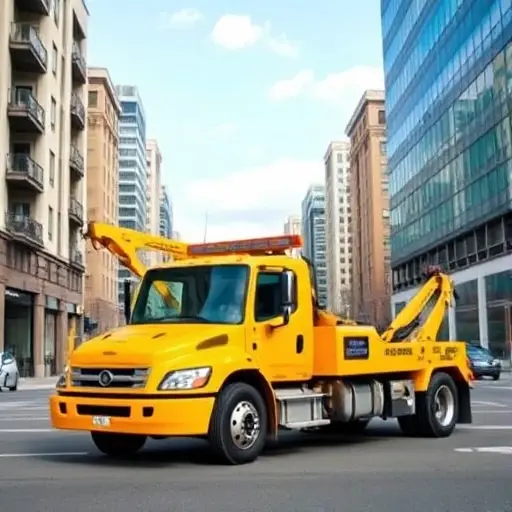 Эвакуатор на 4-й Садовой улице: Полное руководство A modern yellow tow truck parked on a city street with multi-story buildings in the background, daytime, clear weather, professional and clean appearance