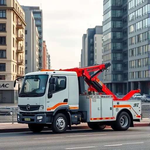A realistic scene of a modern tow truck parked on a city street near the Istra River in Moscow, with the surrounding architecture reflecting typical Moscow buildings and a subtle hint of the riverbank in the background. The tow truck should be the focal point, showing its hook and platform, but without any visible brand logos or text. The lighting is soft daylight, and the overall composition is clean and professional.