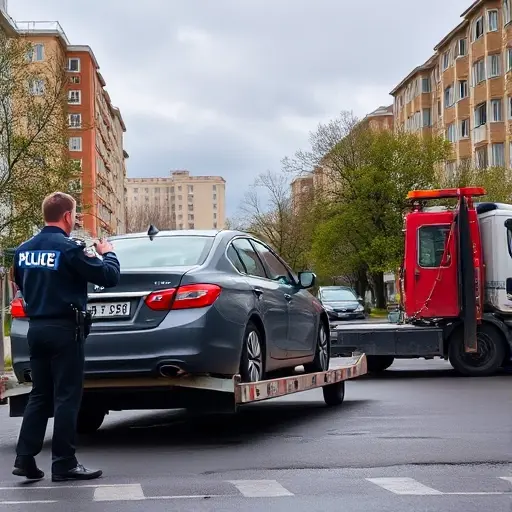 Штрафы за эвакуацию в Москве: Разбираемся в неправомерных случаях A realistic Moscow street scene showing a car being towed by a tow truck, with a police officer gesturing, typical Moscow apartment buildings and trees in the background, cloudy sky, emphasizing tension and authority without any visible text or symbols