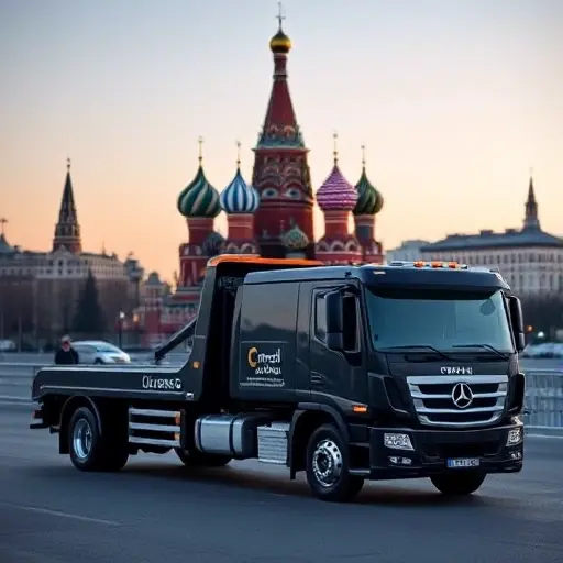 A sleek, modern tow truck parked in front of a recognizable Moscow landmark such as St. Basil's Cathedral or the Kremlin, with a visible professional badge or emblem indicating licensed status, set against a subtle city skyline at dusk to convey trust and reliability.