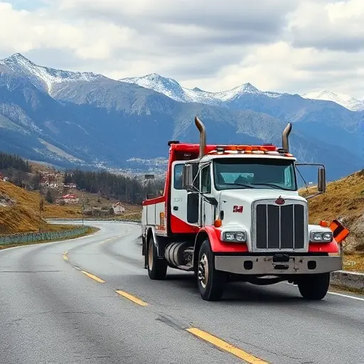 A tow truck parked on a scenic Ural mountain road, with the Ural mountains in the background and a small town visible in the distance. The scene should emphasize the rugged terrain and the importance of towing services in the Ural region, without any text or signage.
