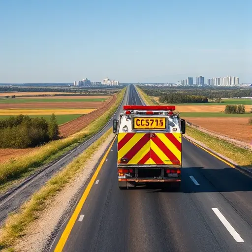 Эвакуатор Тверь-Москва: Полное руководство по стоимости и заказу A realistic tow truck (evacuator) driving along a long highway that stretches from the countryside near Tver toward the outskirts of Moscow, with a scenic landscape of rolling fields and distant city skyline, under a clear sky; the focus is on the vehicle and the road, no text, signs, or logos