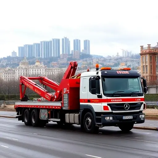эвакуатор ростокино москва A tow truck parked in Rostokino, Moscow, with a backdrop of the city skyline and nearby residential buildings, realistic style, no text or lettering, no people in the foreground