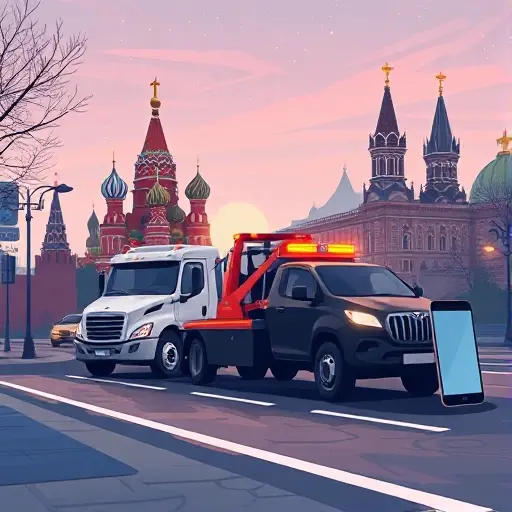 Эвакуация транспортных средств в Москве: номера телефонов эвакуаторов ГИБДД A realistic illustration of a tow truck pulling a car on a Moscow street, with recognizable Moscow landmarks such as the Kremlin silhouette in the background, and a smartphone silhouette nearby to suggest contact, all rendered in the smallHQ style