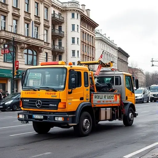 Эвакуатор Савеловский Москва: Полное руководство A realistic scene of a tow truck (evakuator) operating on a city street in the Savelo... district of Moscow, with typical Moscow architecture and a busy urban background, showing the vehicle and its equipment without any text or signage