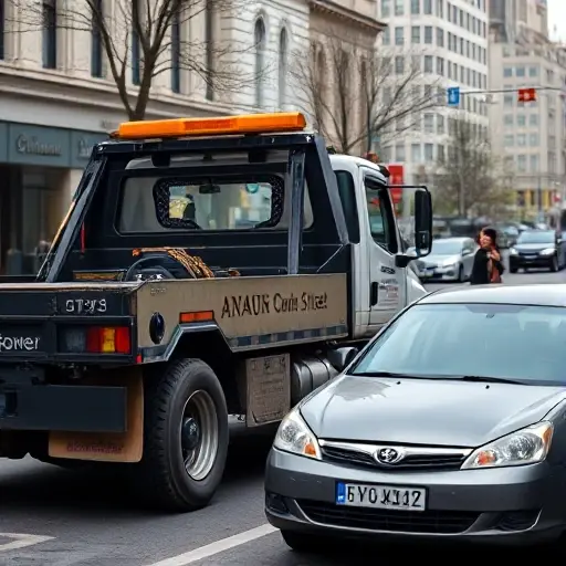 A tow truck parked on Amur Street, with a broken-down car beside it, a city street background, a person calling for help, no text or letters