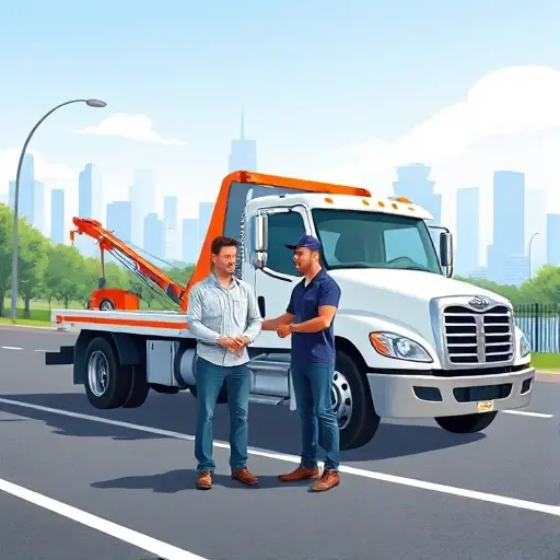 A friendly tow truck driver assisting a satisfied customer beside a modern tow truck on a clear road, with a city skyline in the background, showing a sense of reliability and convenience, bright daylight, realistic yet slightly stylized illustration
