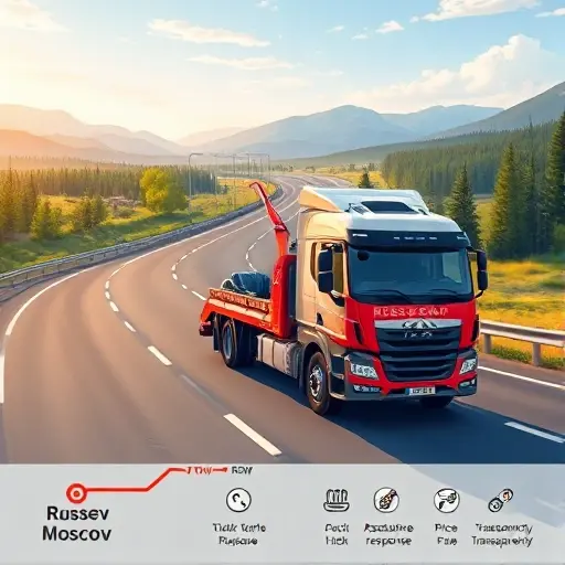 Эвакуатор Ростов-Москва: Полное руководство по ценам и услугам A realistic illustration of a modern tow truck traveling on a highway between Rostov and Moscow, set against a scenic Russian landscape. The scene includes a subtle map overlay indicating the route, and small icons representing key services such as 24/7 assistance, quick response, and price transparency. The image should be vibrant, detailed, and convey professionalism, with no text, letters, or numbers visible.