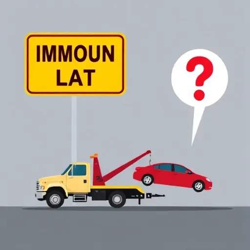 A tow truck pulling a car toward a stylized impound lot sign, with a floating question mark icon to represent cost, all depicted without any text, letters, or numbers