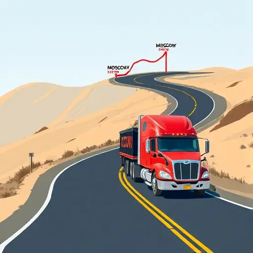 A tow truck traveling along a winding road from Moscow to Cheboksary, with a stylized map background indicating distance and route difficulty, showing varied terrain such as hills and flat stretches, no text or numbers on the image