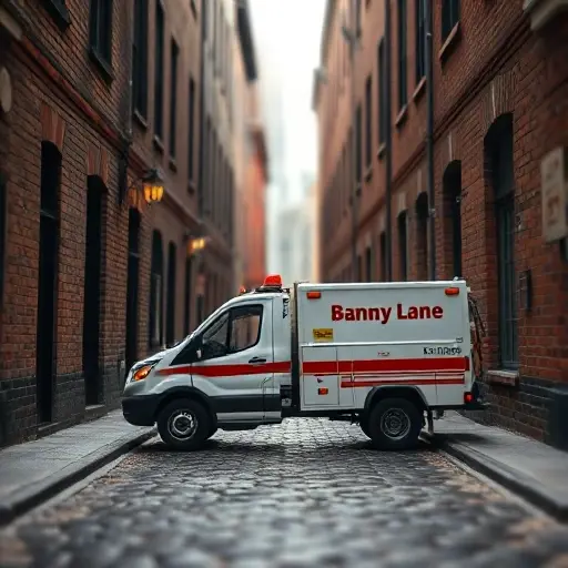 A realistic small-scale tow truck (evacuator) parked on a narrow urban alley named Banny Lane, with cobblestone pavement, old brick buildings on both sides, and a subtle hint of a cityscape in the background. The scene should focus on the vehicle and the alley atmosphere, without any visible text, signs, or numbers.