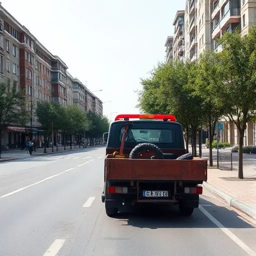 Эвакуатор в СВАО Москвы: Полное руководство A realistic scene of a tow truck operating on a street in the North-Eastern Administrative Okrug of Moscow, surrounded by typical Soviet-era apartment buildings, tree‑lined sidewalks, and a clear sky, focusing on the vehicle and urban environment without any text or signage