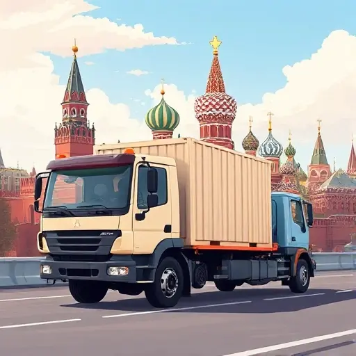 Эвакуатор Москва: Все, что нужно знать о перевозке грузов A realistic illustration of a Moscow tow truck (evacuator) transporting cargo in an urban setting, with the Kremlin or Moscow skyline in the background, showing the truck loading or carrying a large container or pallet under a clear sky, emphasizing professional service and city atmosphere.