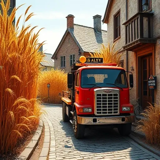 A realistic tow truck (evakuator) positioned in a picturesque alley named "Alley of the Golden Sheaf", surrounded by tall golden wheat stalks and a rustic cobblestone path, under a bright sky, with subtle details of the surrounding environment but no visible text or signage