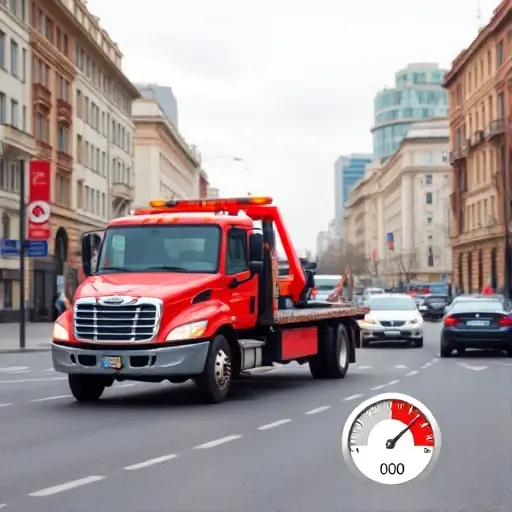 A realistic scene of a tow truck operating on a busy Moscow street in the Kuncevo district, with city buildings and traffic in the background. The focus is on the tow truck and the surrounding urban environment, illustrating the context of vehicle recovery services. Include subtle visual elements that suggest factors influencing price, such as distance markers, a clock indicating time of day, and a gauge representing vehicle weight, without any text or signage.