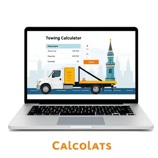 A digital interface of an online towing calculator displayed on a laptop screen, with a stylized map of Moscow in the background, a tow truck icon, and abstract city skyline elements, all in a clean, modern design, no text or lettering visible