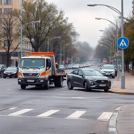 A realistic city street scene on Argunovskaya Street featuring a tow truck pulling a damaged vehicle onto the side of the road, with surrounding urban elements such as parked cars, streetlights, and a traffic sign, under overcast sky, without any visible text, letters, or numbers