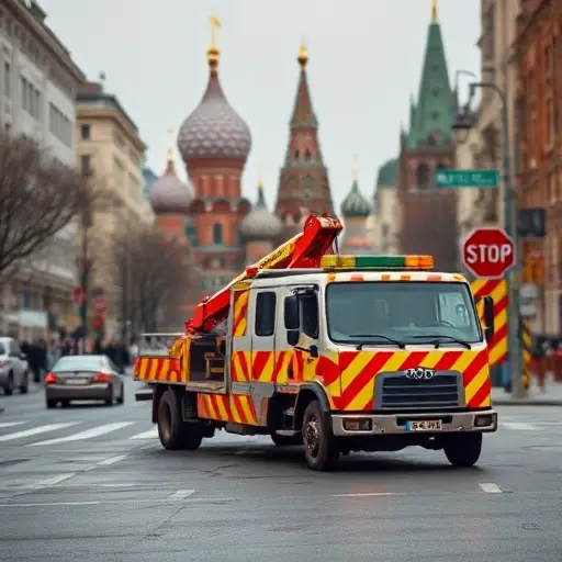A tow truck (evacuator) in Moscow, positioned on a city street with recognizable Moscow architecture such as the Kremlin dome or St. Basil's Cathedral in the background, assisting a broken-down car. The scene should capture the urban environment, road signs, and a sense of urgency, rendered in the smallHQ style.