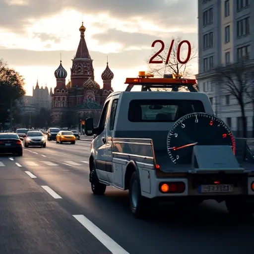 A realistic scene of a tow truck driving on a Moscow city street with recognizable landmarks such as the Kremlin silhouette in the background, conveying distance and movement, with subtle visual cues of cost like a gauge or meter overlay, but without any text or numbers, focusing on the vehicle and urban environment.