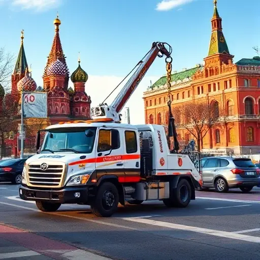 Эвакуатор Москва: Полное руководство по выбору и заказу A modern tow truck with a crane and hook parked on a busy Moscow street, with recognizable city architecture such as the Kremlin towers and red brick buildings in the background, under a clear sky. The scene should convey reliability and professional service, focusing on the vehicle and urban environment without any text, logos, or people.