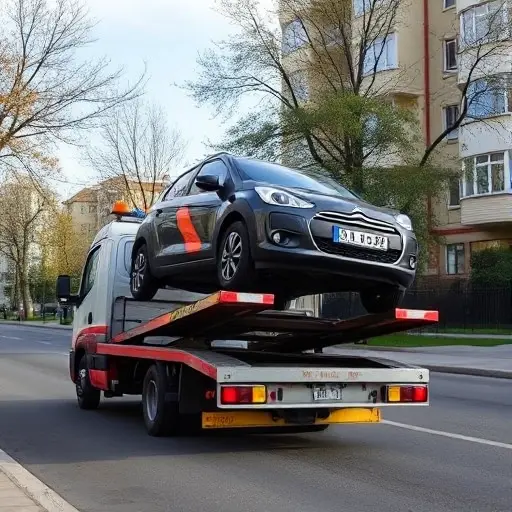 A compact tow truck (evacuator) parked on a quiet street in a small Moscow suburb, gently lifting the front wheels of a small car onto its platform, showing only part of the vehicle being loaded, with typical Moscow residential buildings and trees in the background, under a clear sky