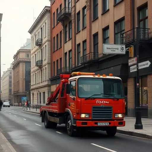 A realistic depiction of a tow truck parked on a quiet urban street named 9th Chobotovskaya Alley, with surrounding buildings, street lamps, and a subtle sense of guidance, no text or signage visible