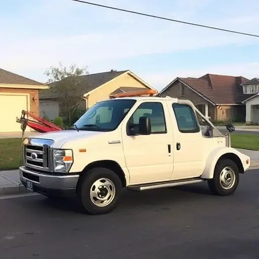 эвакуатор дешево район A small, affordable tow truck parked in a suburban neighborhood, with a clear sky and simple background, no text or signage visible