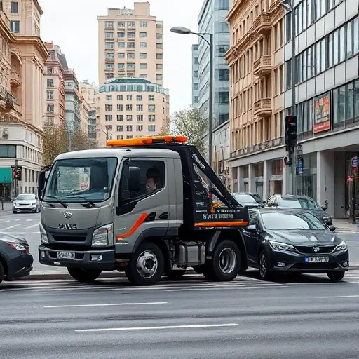 A realistic city street scene on Bolshaya Kalitnikovskaya Street featuring a modern tow truck parked beside a damaged vehicle, with urban buildings, street signs, and traffic lights in the background, all rendered in a detailed, high-resolution style