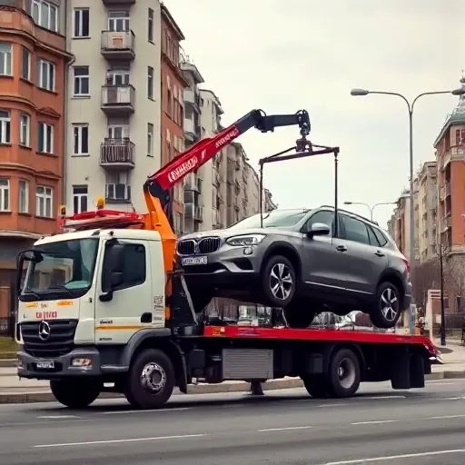 A realistic scene of a tow truck with a hydraulic manipulator arm parked on a Moscow street, lifting a car whose wheels are locked and unable to move. The background shows typical Moscow architecture with apartment buildings and streetlights, but no visible signage or text. The focus is on the tow truck, the manipulator arm, and the immobilized vehicle being lifted safely.