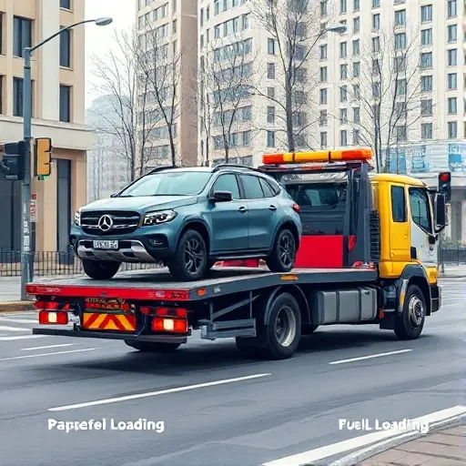 A realistic illustration of a tow truck on Big Kalitnikovskaya Street, showing two distinct loading scenarios: one with a vehicle partially on the truck’s platform (partial loading) and another with a vehicle fully on the platform (full loading). The street should appear urban with subtle background details such as buildings and traffic lights, but the focus remains on the tow truck and the loading process. The image should capture the mechanics of the tow truck’s hydraulic system and the positioning of the vehicle, highlighting the difference between partial and full loading.