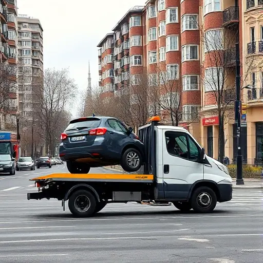 A realistic city street scene in the Maryina Roshcha district of Moscow, showing a compact tow truck with a driver assisting a small car that is being lifted onto the truck's platform. The background includes typical Moscow apartment buildings, street lamps, and a quiet urban atmosphere, emphasizing affordability and reliability of the service without any visible text or signage.