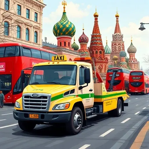 такси эвакуатор москва A tow truck in a taxi style parked on a bustling Moscow street, with iconic red double-decker buses and the Kremlin silhouette in the background, all rendered in a realistic yet slightly stylized illustration