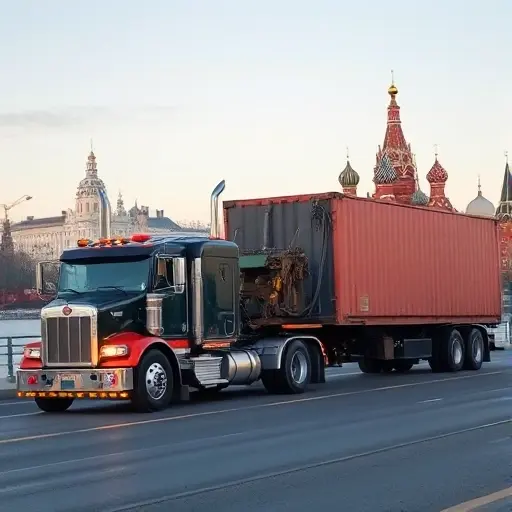 A heavy-duty truck tow truck in Moscow, pulling a large cargo truck with visible mechanical issues such as a broken axle or engine smoke, set against a cityscape with recognizable Moscow architecture like the Kremlin silhouette, under a clear sky, realistic lighting, no text or signage